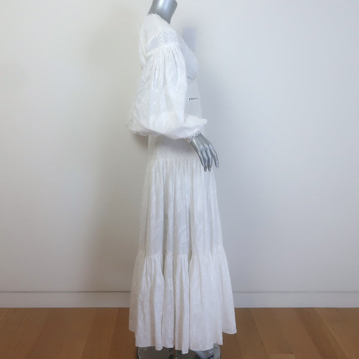 Acler Blouson-Sleeve Embroidered Maxi Dress White Cotton Size US 4 NEW