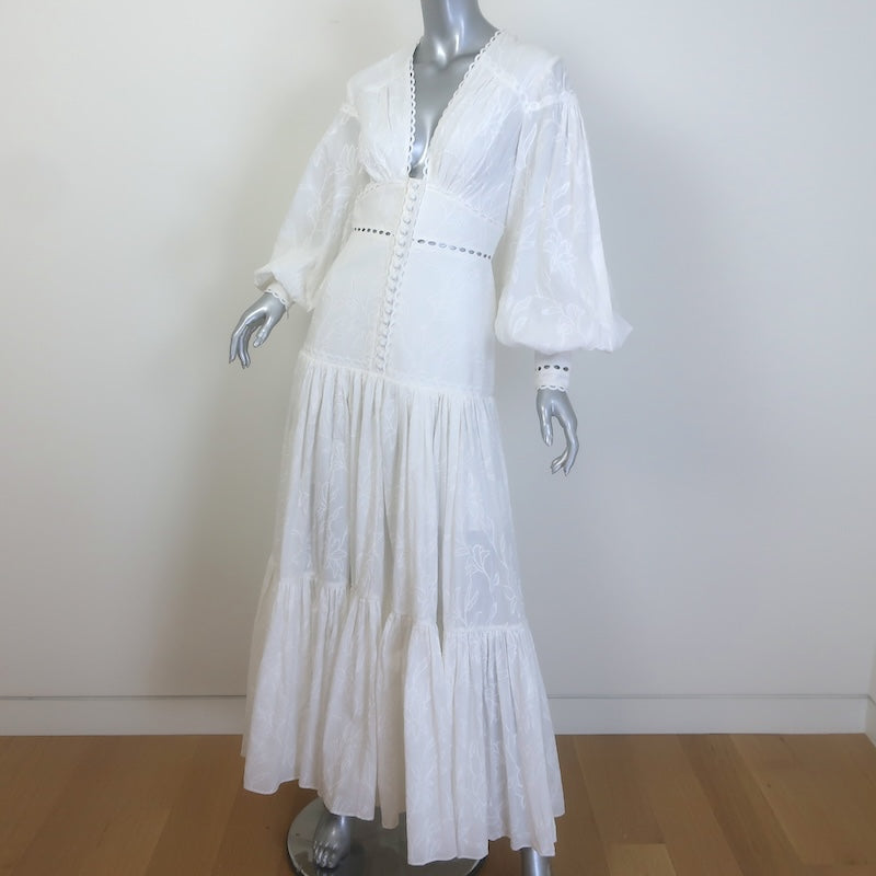 Acler Blouson-Sleeve Embroidered Maxi Dress White Cotton Size US 4 NEW