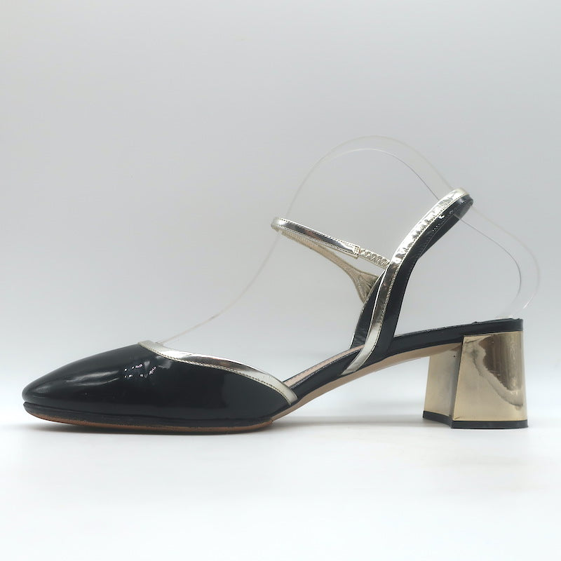 Miu Miu Metal-Heel Bicolor Slingback Pumps Black Patent &amp; Gold Leather Size 39