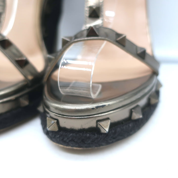 Valentino Rockstud Raffia-Trim Wedge Sandals Gunmetal Metallic Leather Size 35
