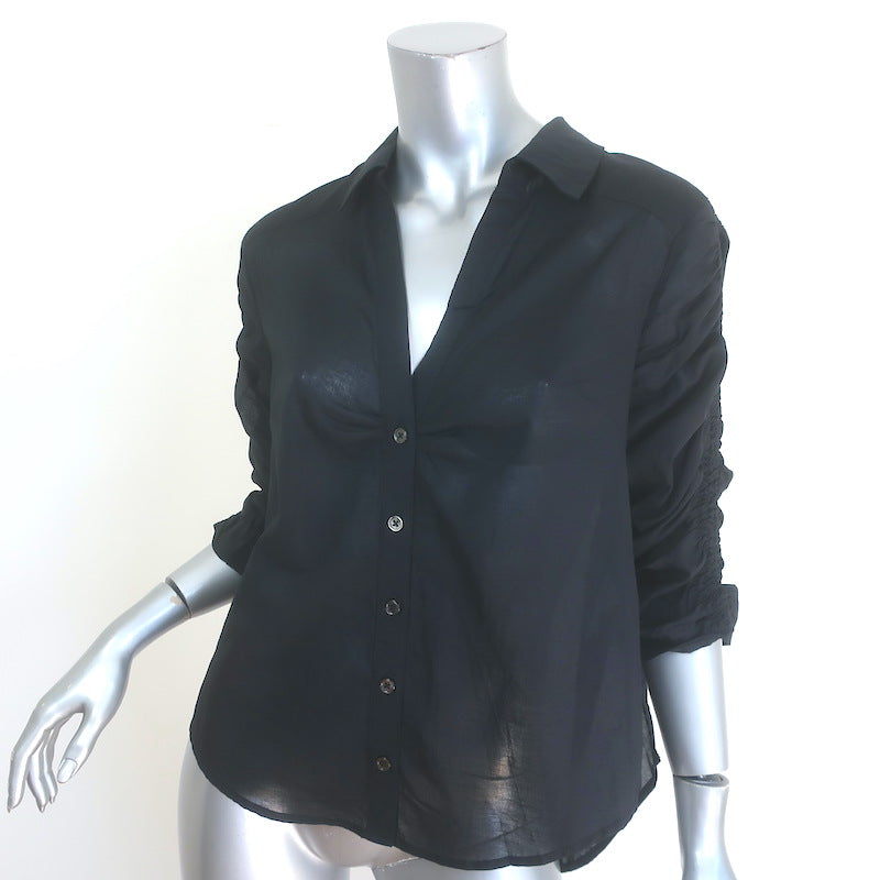 Veronica Beard Porta Ruched-Sleeve Button Down Shirt Black Cotton Size Large NEW