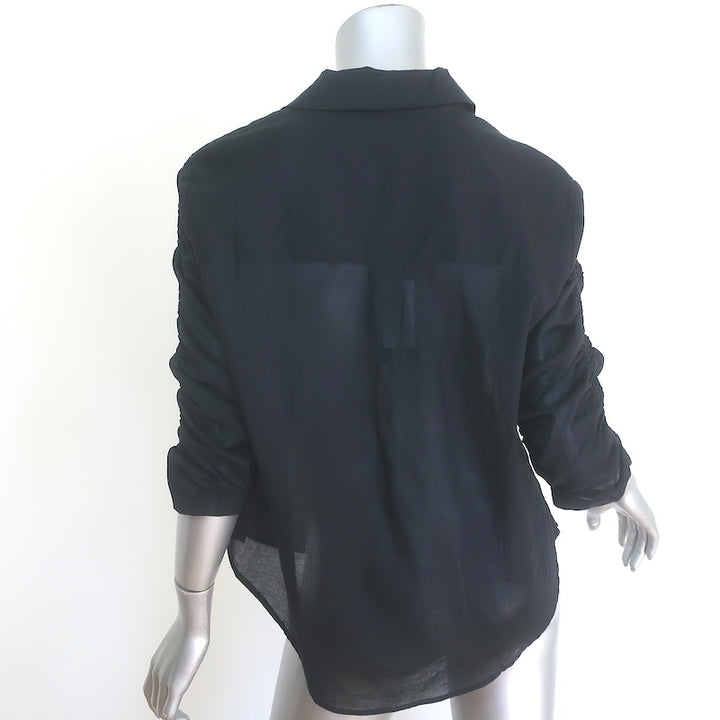 Veronica Beard Porta Ruched-Sleeve Button Down Shirt Black Cotton Size Large NEW