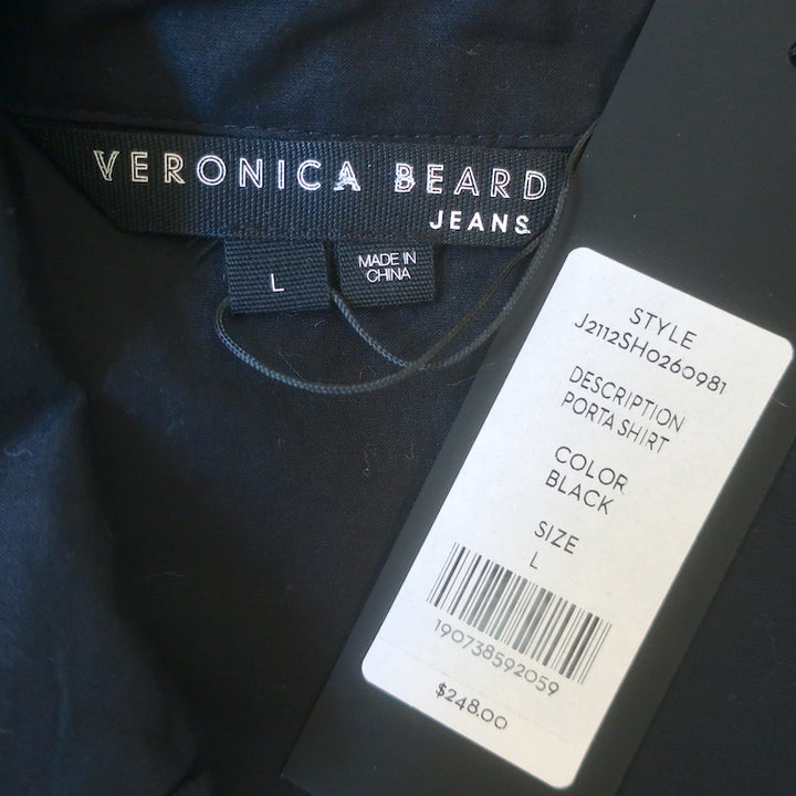 Veronica Beard Porta Ruched-Sleeve Button Down Shirt Black Cotton Size Large NEW