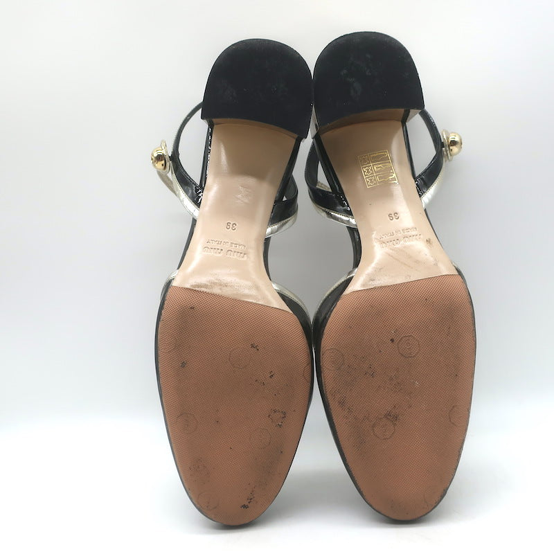 Miu Miu Metal-Heel Bicolor Slingback Pumps Black Patent &amp; Gold Leather Size 39