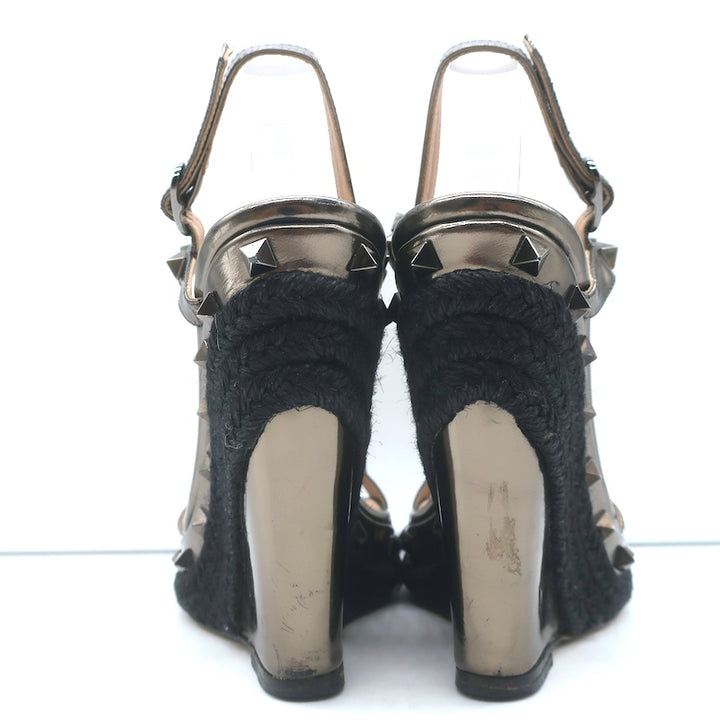 Valentino Rockstud Raffia-Trim Wedge Sandals Gunmetal Metallic Leather Size 35