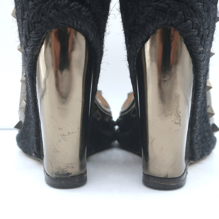 Valentino Rockstud Raffia-Trim Wedge Sandals Gunmetal Metallic Leather Size 35