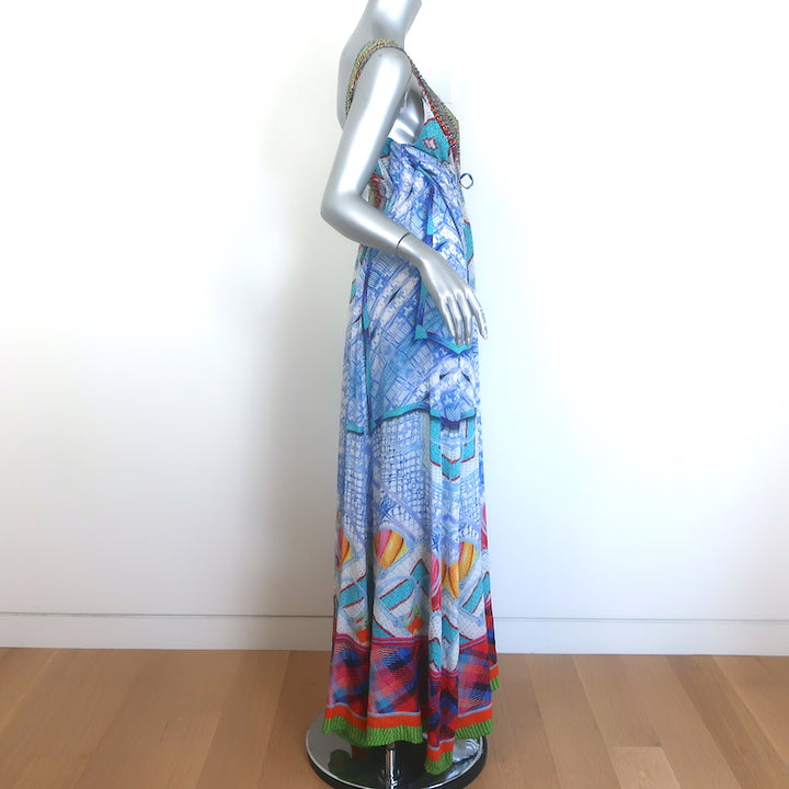 Camilla Crossing Paths Crystal-Embellished Maxi Dress Blue Printed Silk Size 3