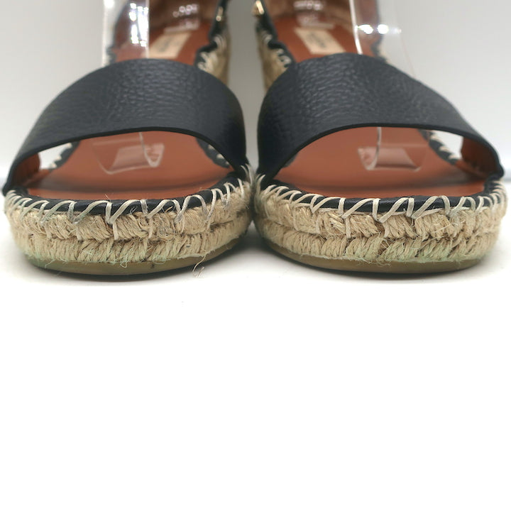 Valentino Rockstud Double Espadrille Wedge Sandals Black Leather Size 41