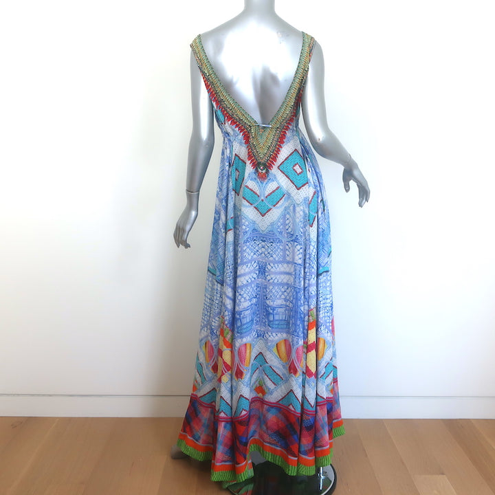 Camilla Crossing Paths Crystal-Embellished Maxi Dress Blue Printed Silk Size 3
