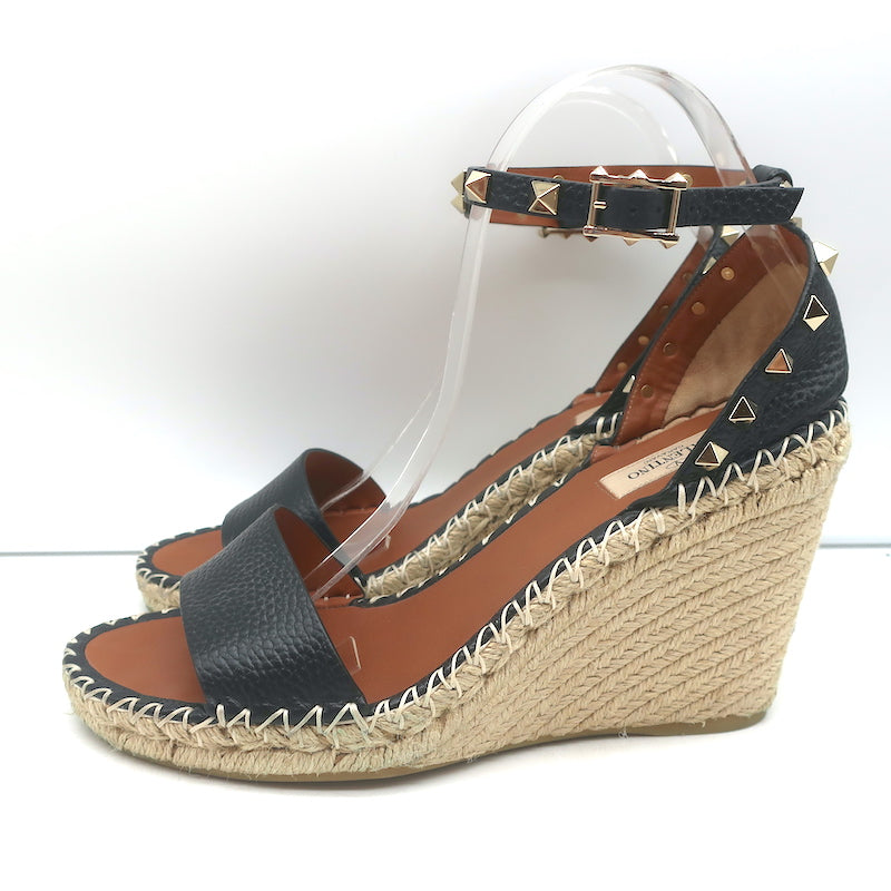 Valentino Rockstud Double Espadrille Wedge Sandals Black Leather Size 41