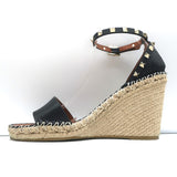 Valentino Rockstud Double Espadrille Wedge Sandals Black Leather Size 41