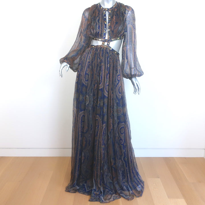 Zimmermann Esplanade Rivet Cutout Maxi Dress Navy Paisley Print Chiffon Size 1