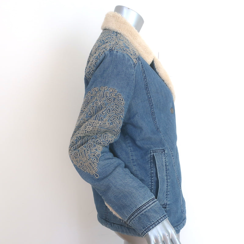 Free People Embroidered Denim Sherpa Jacket Blue Size Extra Small