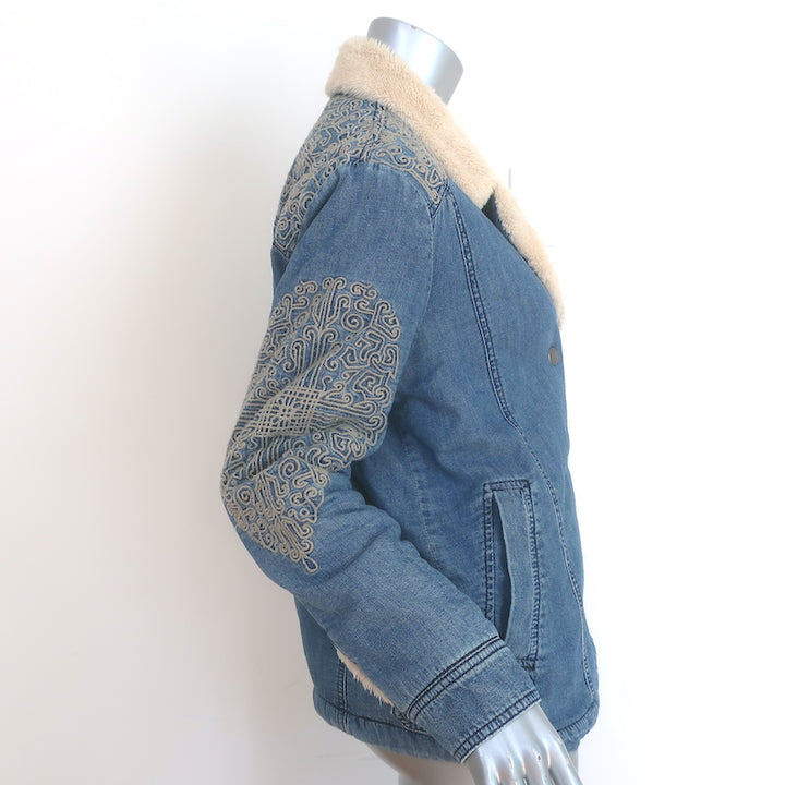 Free People Embroidered Denim Sherpa Jacket Blue Size Extra Small