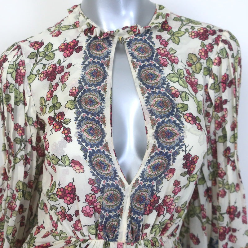 Etro Flutter Sleeve Maxi Dress Cream Berry Floral &amp; Paisley Print Silk Size 38