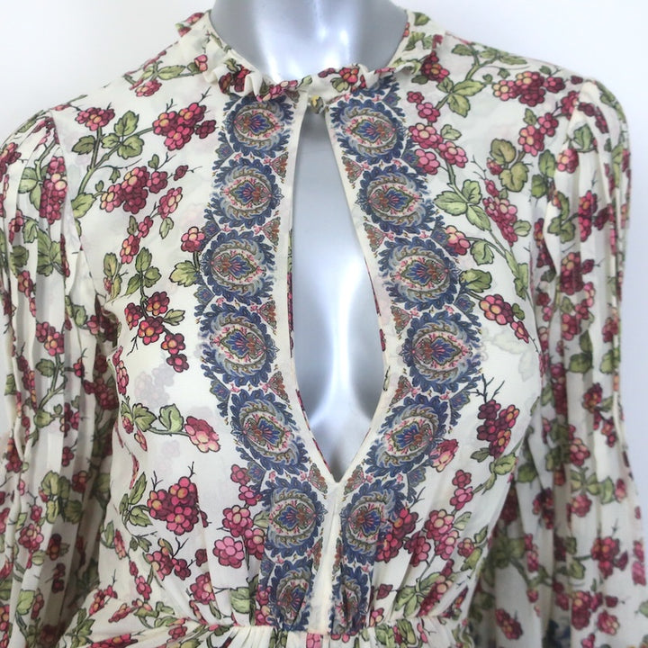 Etro Flutter Sleeve Maxi Dress Cream Berry Floral &amp; Paisley Print Silk Size 38