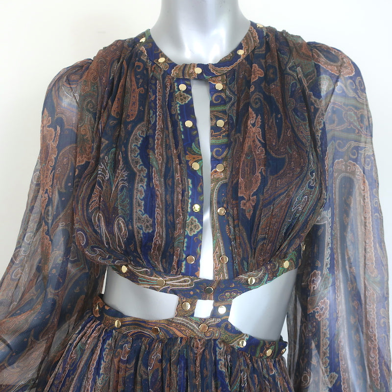 Zimmermann Esplanade Rivet Cutout Maxi Dress Navy Paisley Print Chiffon Size 1