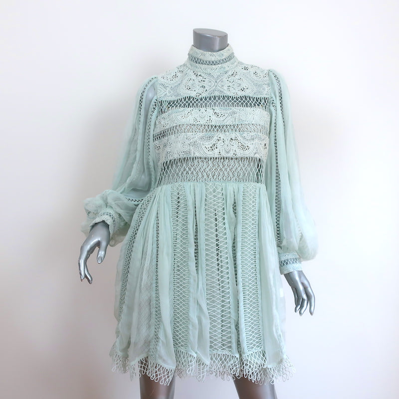 Zimmermann Long Sleeve Mini Dress Light Blue Guipure Lace & Chiffon Size 3 Zimmermann Long Sleeve Mini Dress Light Blue Guipure Lace & Chiffon Size 3