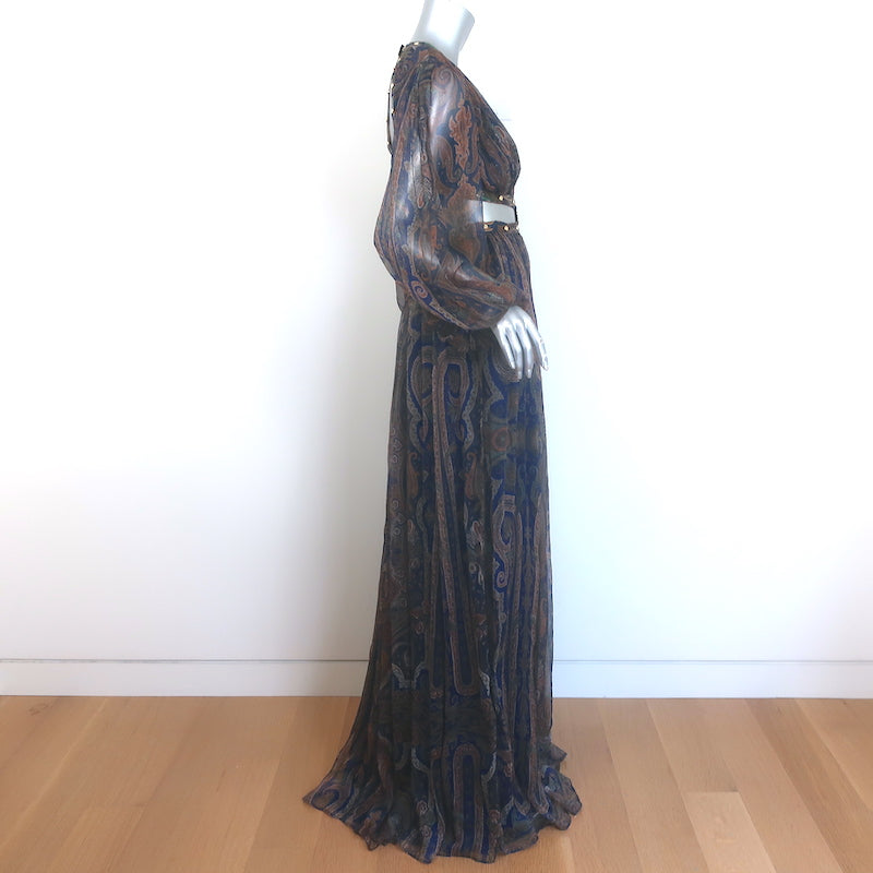 Zimmermann Esplanade Rivet Cutout Maxi Dress Navy Paisley Print Chiffon Size 1