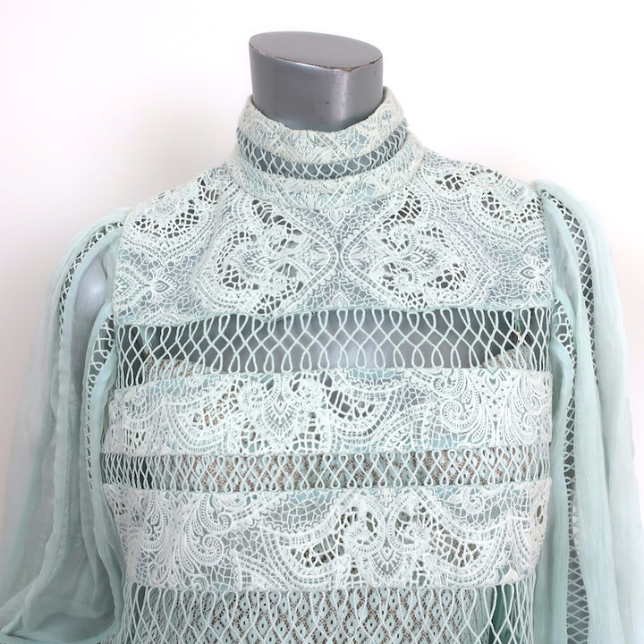 Zimmermann Long Sleeve Mini Dress Light Blue Guipure Lace &amp; Chiffon Size 3
