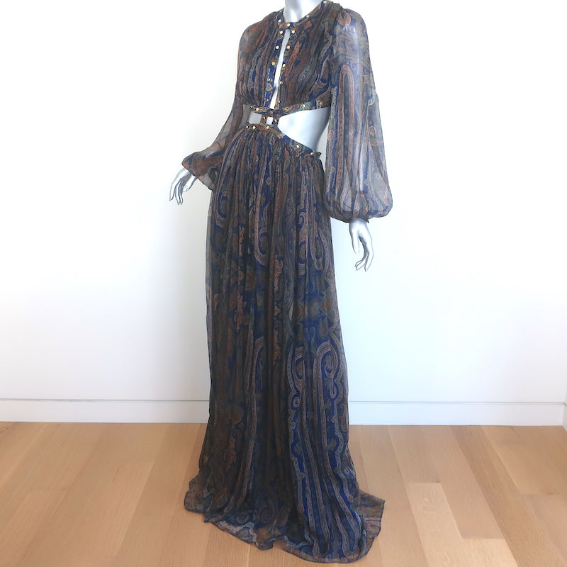 Zimmermann Esplanade Rivet Cutout Maxi Dress Navy Paisley Print Chiffon Size 1