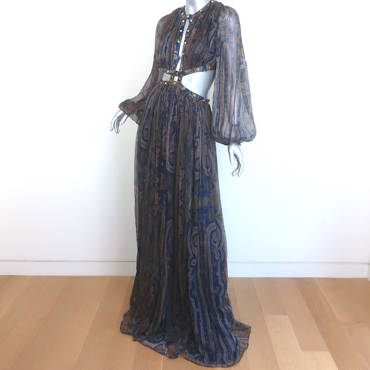 Zimmermann Esplanade Rivet Cutout Maxi Dress Navy Paisley Print Chiffon Size 1