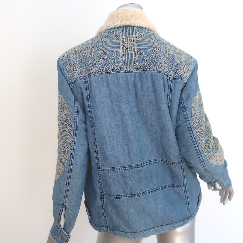 Free People Embroidered Denim Sherpa Jacket Blue Size Extra Small