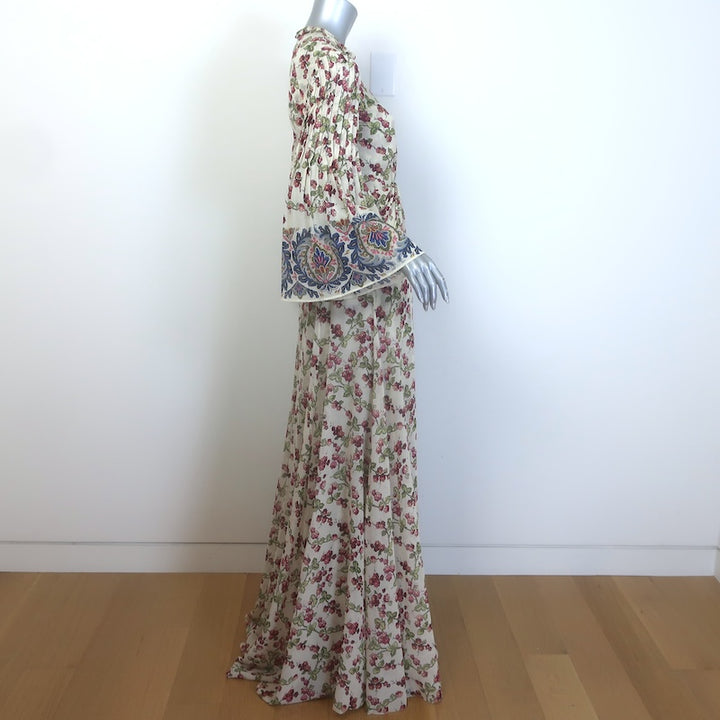 Etro Flutter Sleeve Maxi Dress Cream Berry Floral &amp; Paisley Print Silk Size 38