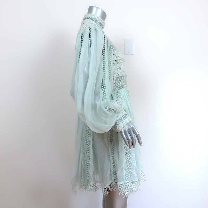 Zimmermann Long Sleeve Mini Dress Light Blue Guipure Lace & Chiffon Si Celebrity Owned Zimmermann Long Sleeve Mini Dress Light Blue Guipure Lace & Chiffon Si Celebrity Owned