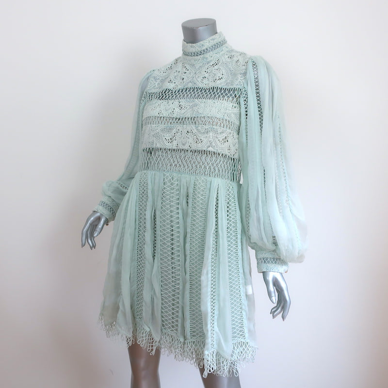 Zimmermann Long Sleeve Mini Dress Light Blue Guipure Lace &amp; Chiffon Size 3