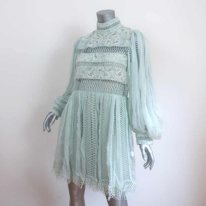Zimmermann Long Sleeve Mini Dress Light Blue Guipure Lace &amp; Chiffon Size 3