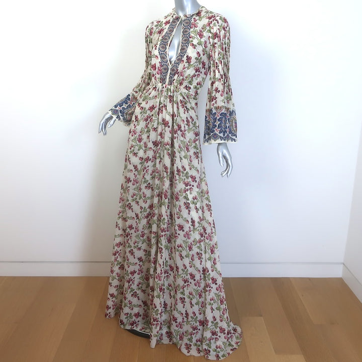 Etro Flutter Sleeve Maxi Dress Cream Berry Floral &amp; Paisley Print Silk Size 38