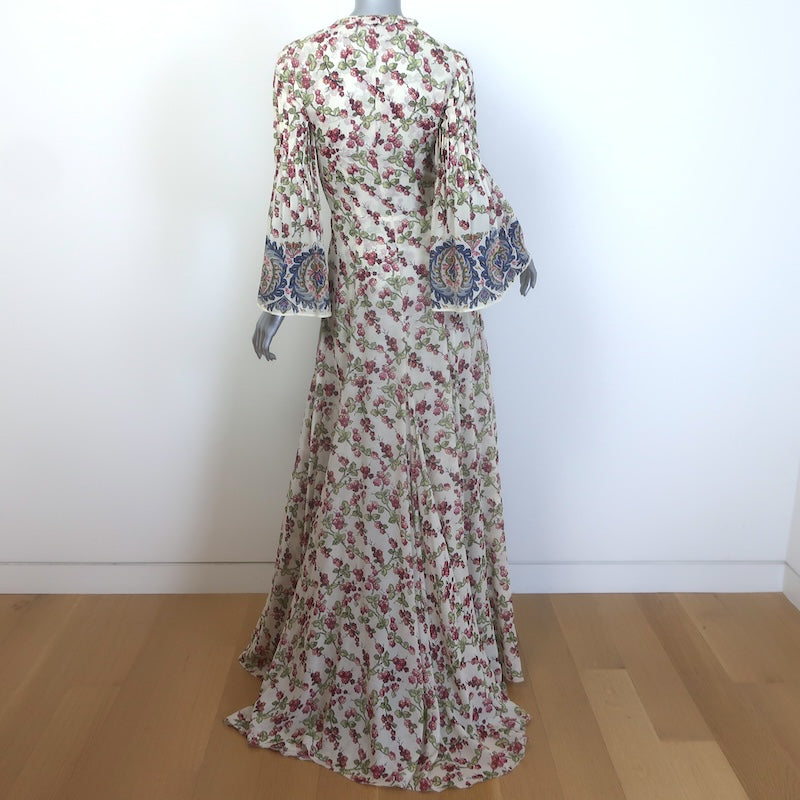 Etro Flutter Sleeve Maxi Dress Cream Berry Floral &amp; Paisley Print Silk Size 38