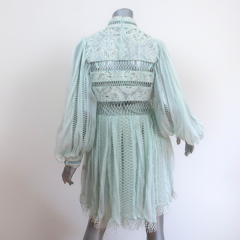 Zimmermann Long Sleeve Mini Dress Light Blue Guipure Lace &amp; Chiffon Size 3