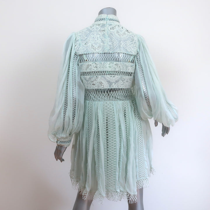 Zimmermann Long Sleeve Mini Dress Light Blue Guipure Lace &amp; Chiffon Size 3