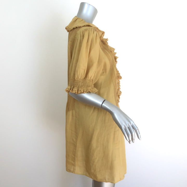 Doen Piper Puff Sleeve Ruffled Mini Dress Mustard Pintucked Ramie Size Large