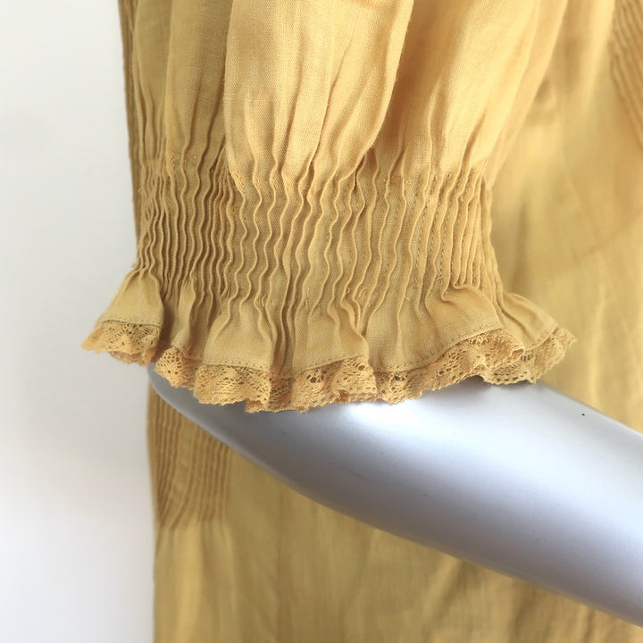 Doen Piper Puff Sleeve Ruffled Mini Dress Mustard Pintucked Ramie Size Large