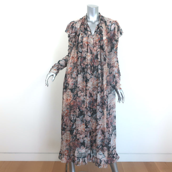 Zimmermann Tempest Frolic Tie-Neck Maxi Dress Floral Print Chiffon Size 1