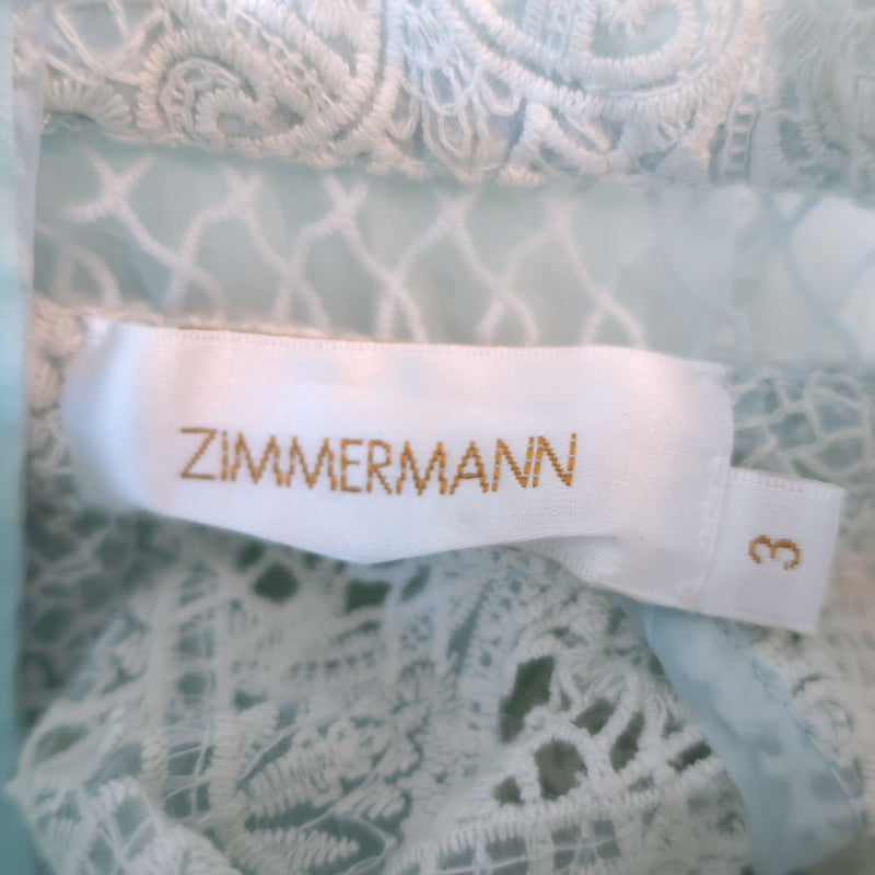 Zimmermann Long Sleeve Mini Dress Light Blue Guipure Lace &amp; Chiffon Size 3