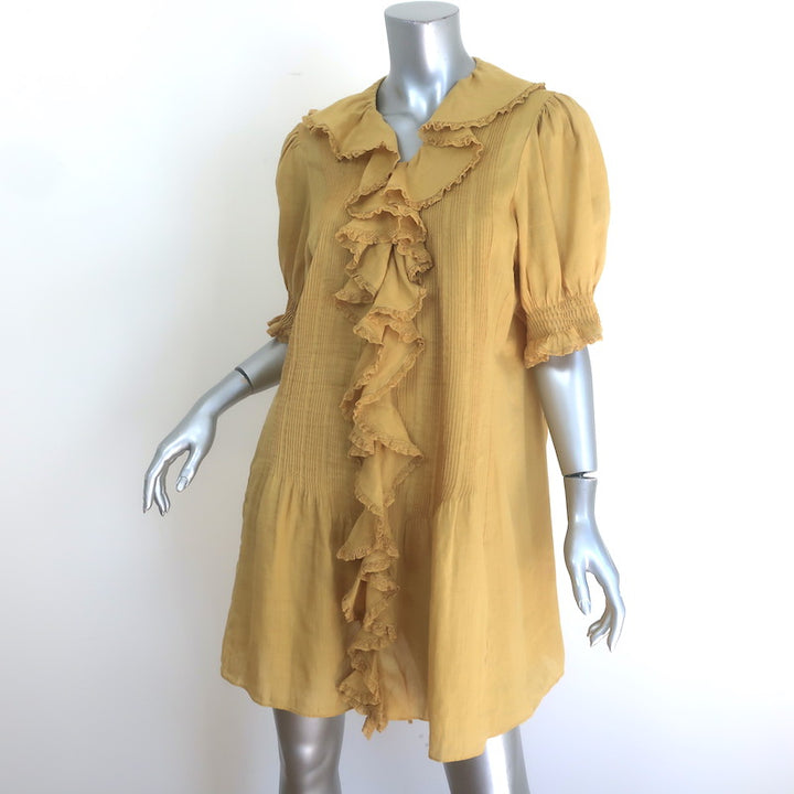 Doen Piper Puff Sleeve Ruffled Mini Dress Mustard Pintucked Ramie Size Large