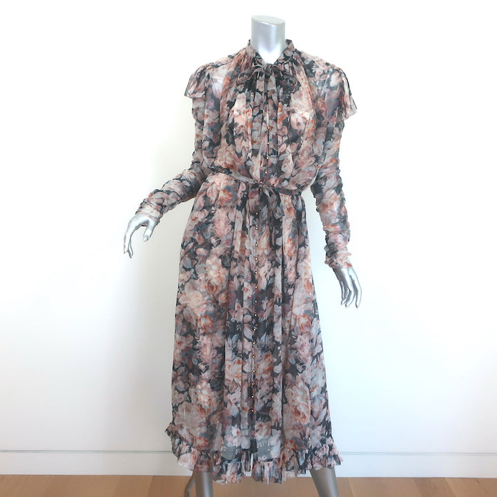 Zimmermann Tempest Frolic Tie-Neck Maxi Dress Floral Print Chiffon Size 1