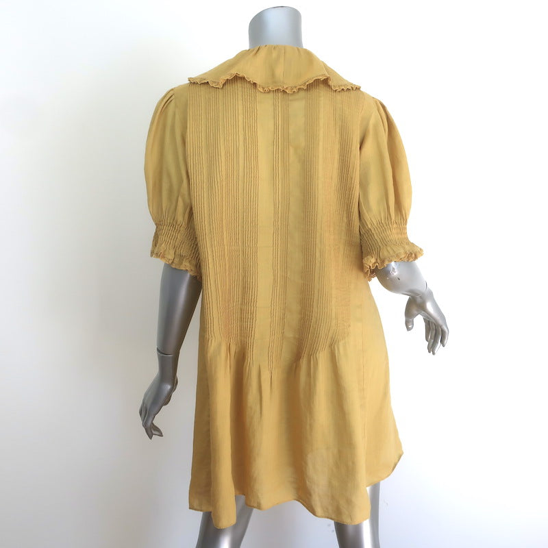 Doen Piper Puff Sleeve Ruffled Mini Dress Mustard Pintucked Ramie Size Large