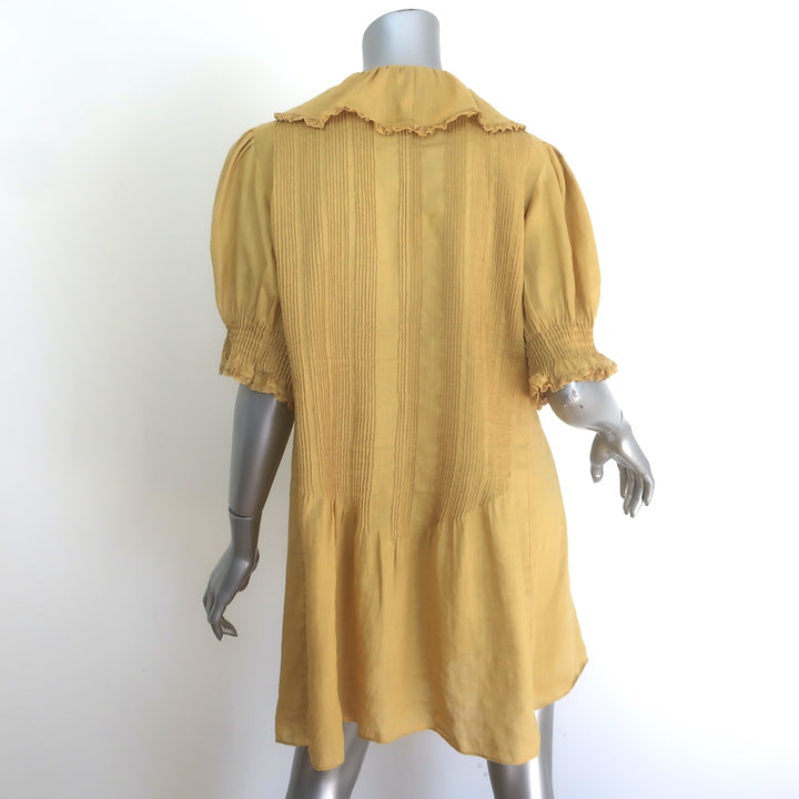 Doen Piper Puff Sleeve Ruffled Mini Dress Mustard Pintucked Ramie Size Large