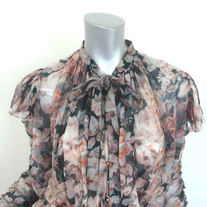 Zimmermann Tempest Frolic Tie-Neck Maxi Dress Floral Print Chiffon Size 1