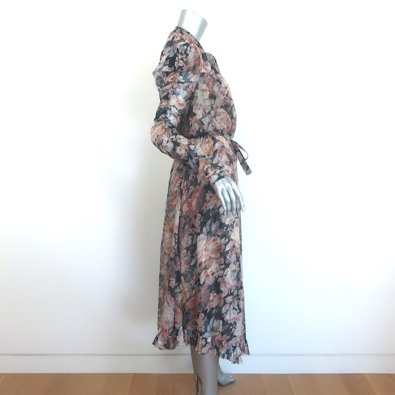 Zimmermann Tempest Frolic Tie-Neck Maxi Dress Floral Print Chiffon Size 1