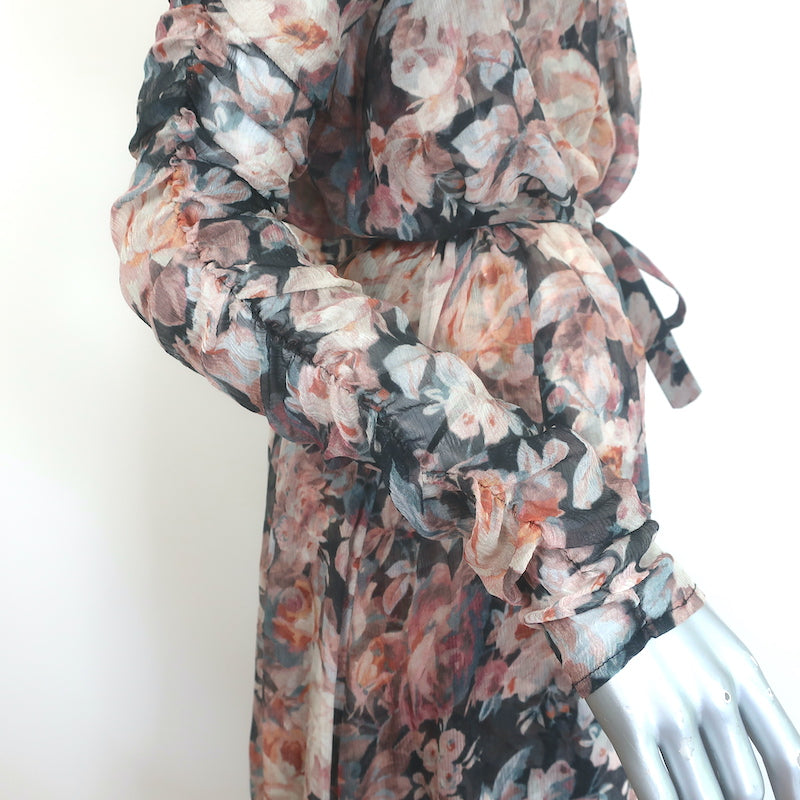 Zimmermann Tempest Frolic Tie-Neck Maxi Dress Floral Print Chiffon Size 1