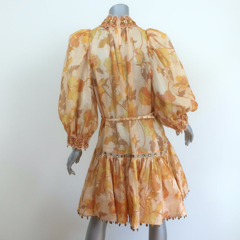 Zimmermann Jeweled Mini Dress Tempo Rouleau Light Yellow Floral Print Size 3