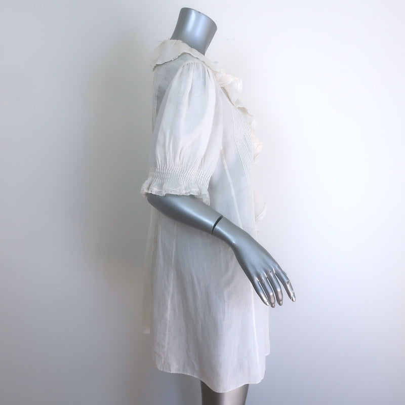 Doen Piper Puff Sleeve Ruffled Mini Dress White Pintucked Ramie Size Large