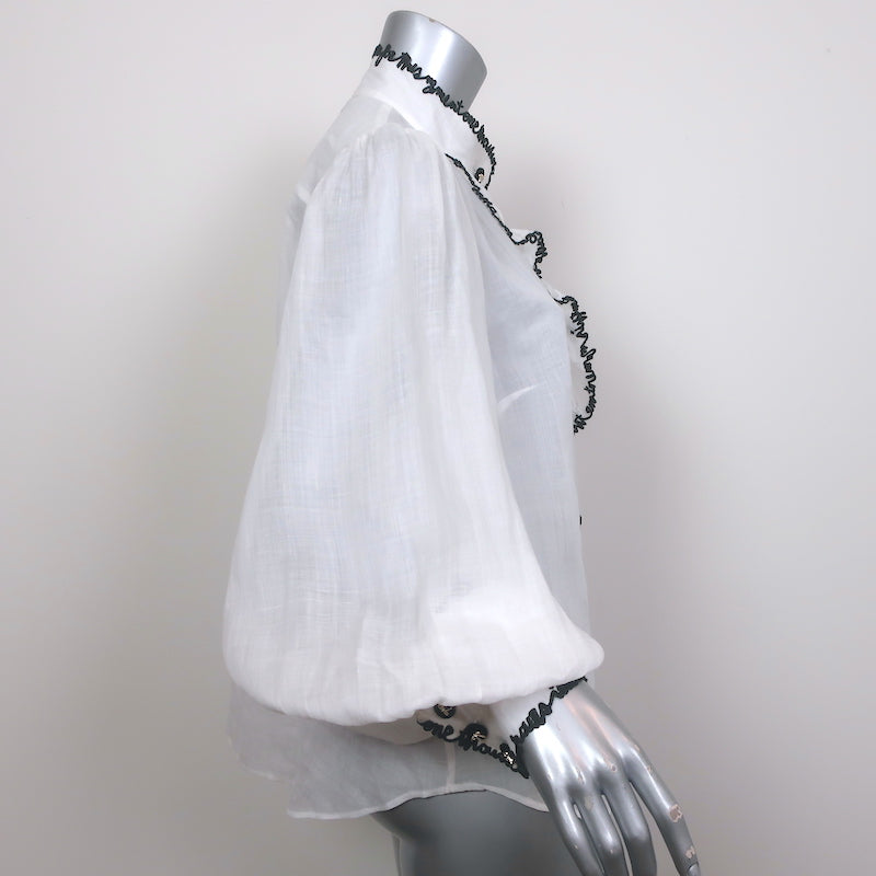 Zimmermann Dancer Embroidered Ruffle Blouse White Ramie Size 3 Long Sleeve Top