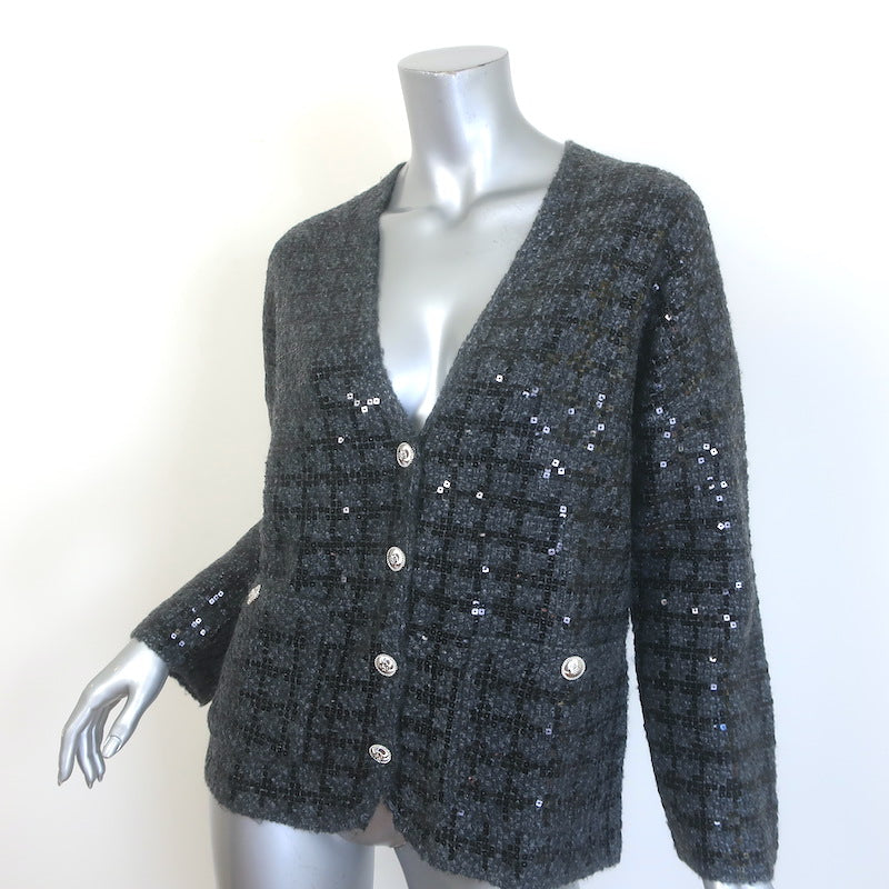Maje Monaly Sequined Tweed-Effect Cardigan Charcoal Wool-Blend Size 1